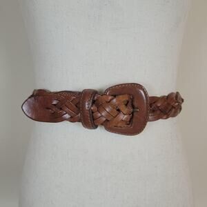 Saks Fifth Avenue Belt Small Brown Leather Woven Braided Buckle Italy Classic
